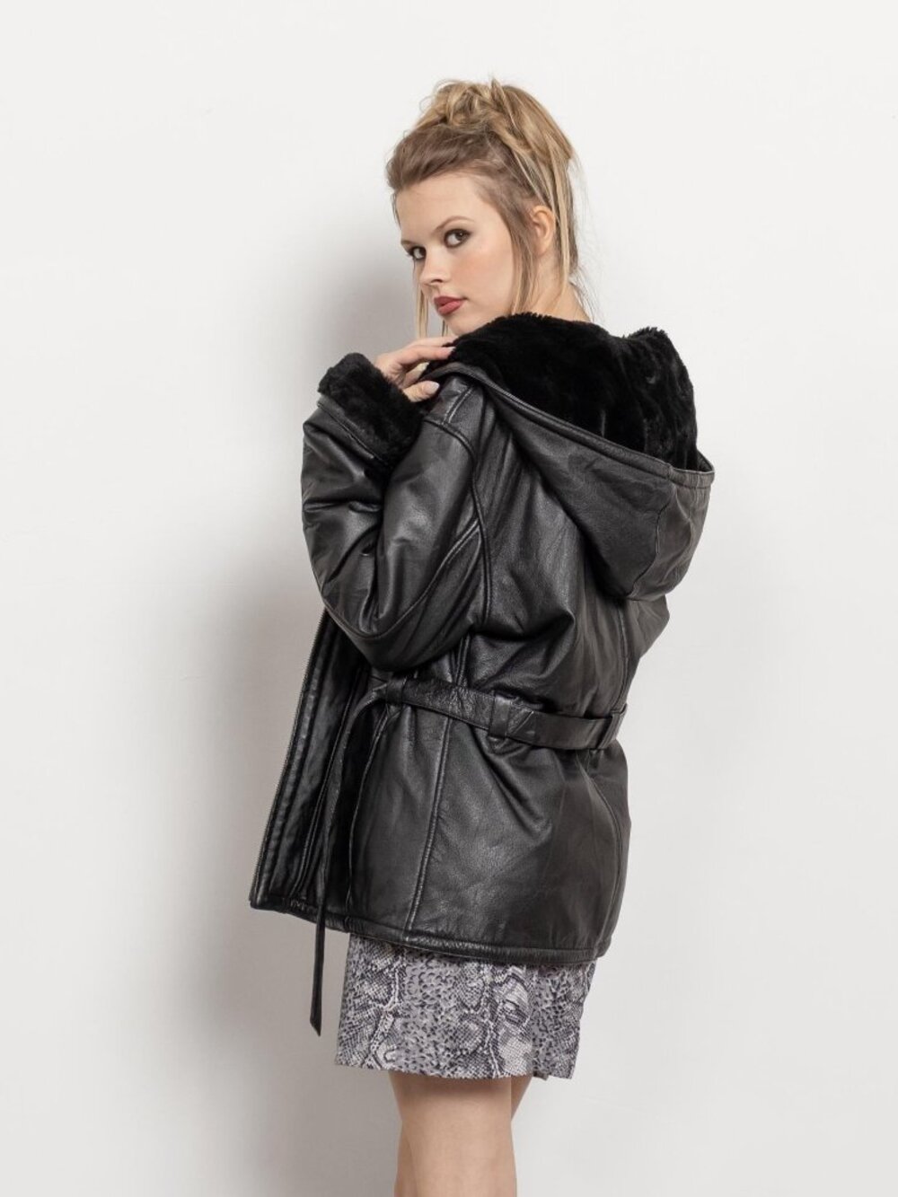 HOODED LEATHER JACKET Vintage Black Blazer Zip Up Coat Woman / Medium